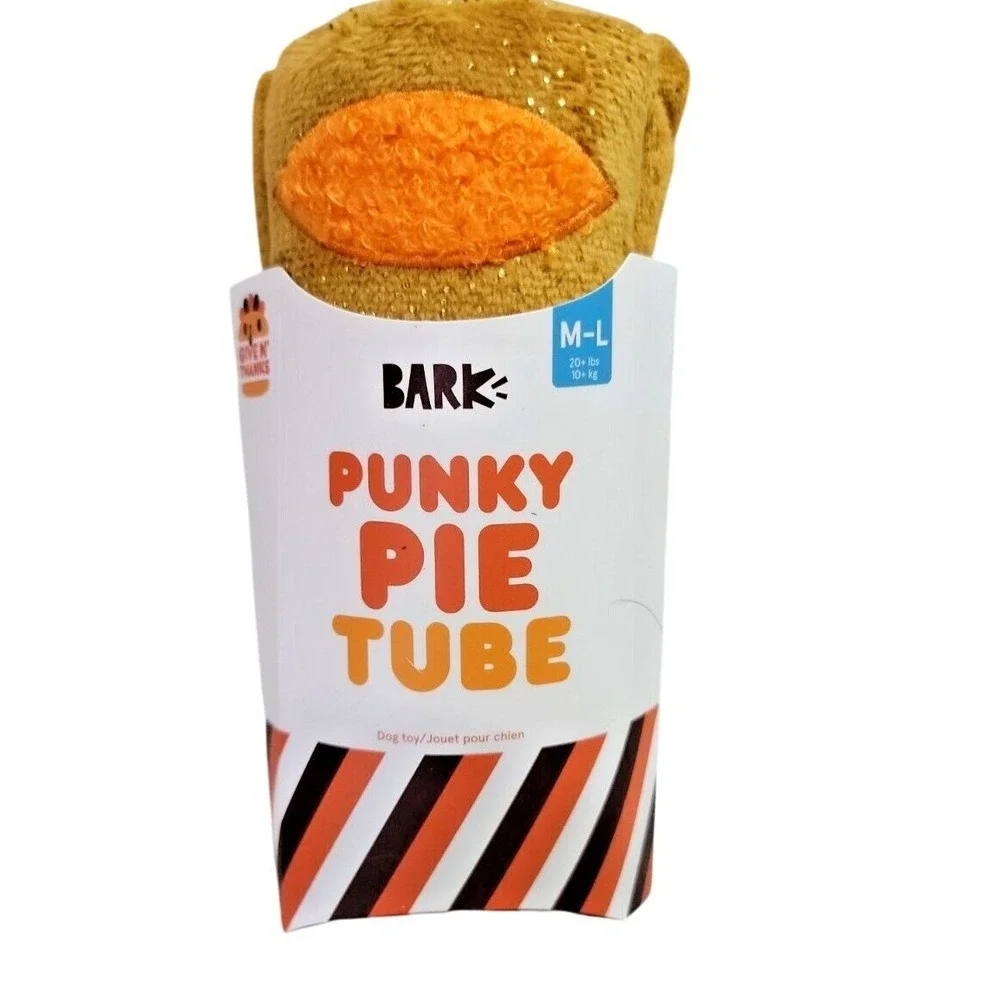 Bark Box‎ Punky Pie Tube Dog Toy Plush Squeaker Crinkle M-L Brown #213351 NEW